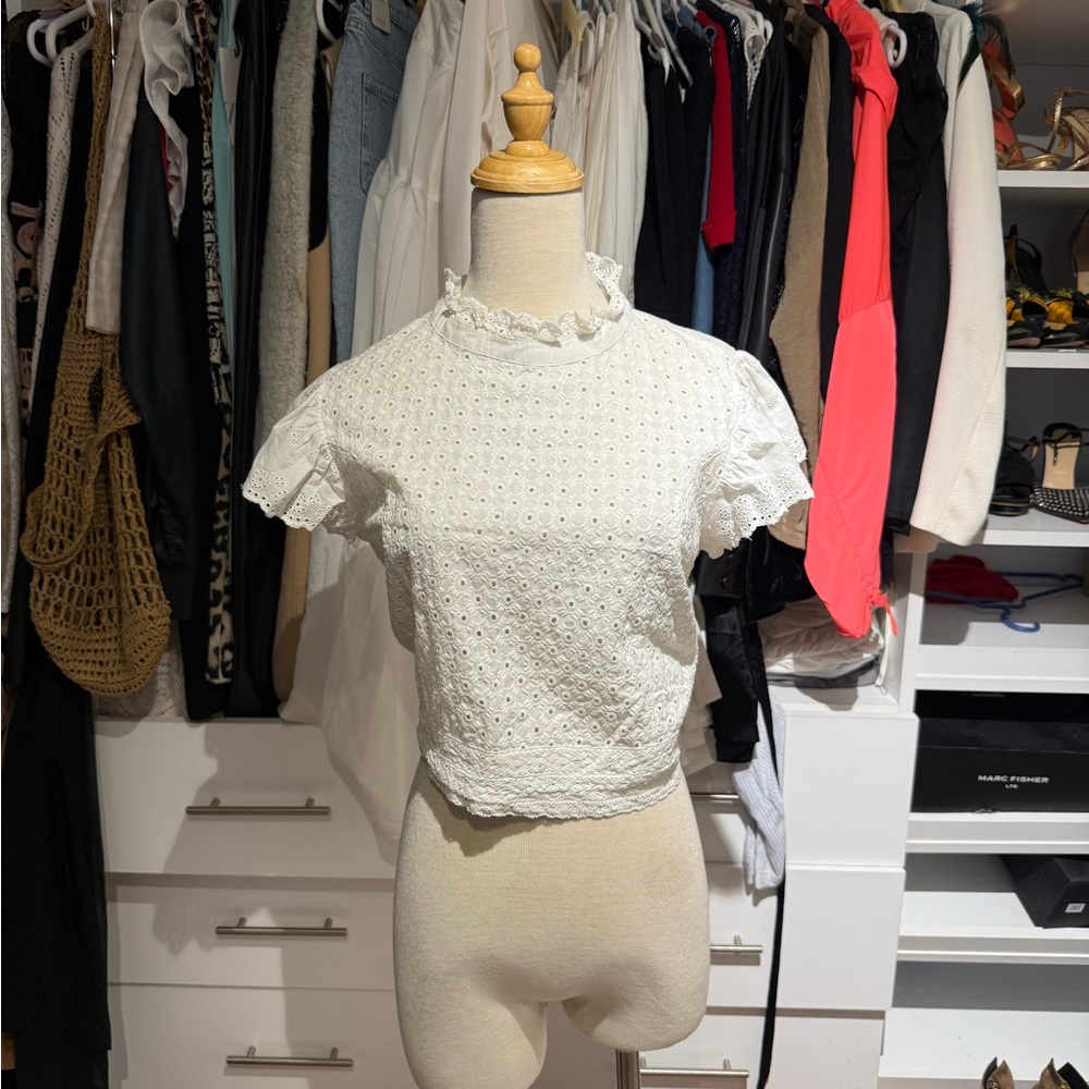 Zara White Flutter Sleeve Blouse with Peter Pan Collar